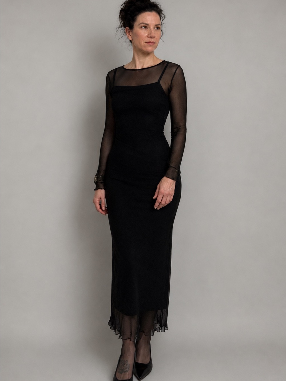 H&M Divided Black Mesh Maxi Dress Ruched Long Sleeve Sheer S Y2K Goth